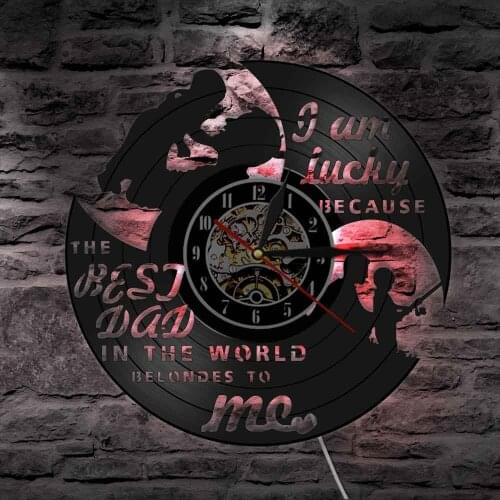 Happy Family Best Dad In The World Vinyl LP Record Wall Clock Dad And Baby Night Light Clock Watch Father‘s Day Gift For Dad