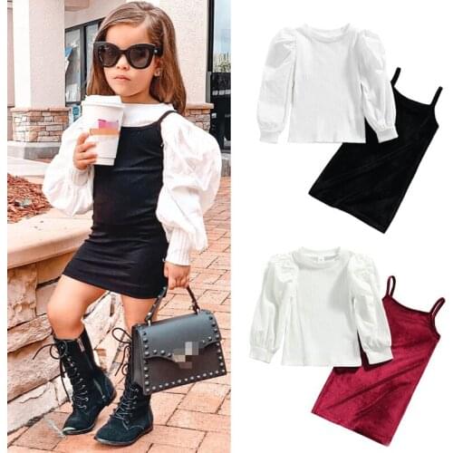 1-5 Years Kids Girl Spring Autumn 2pcs Dress Set Fashion Solid Color Puff Sleeve Tops And Suspender Dress Suits For Girls Outfit