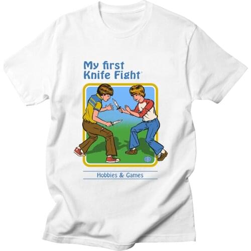 Men Cotton Short Sleeve Lets Summon Demons Graphic Tops Harajuku Summer My First Knife Fight T Shirt Men Funny Tee Shirts