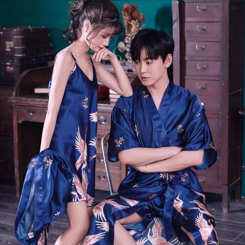 FZSLCYIYI Silk Kimono Robe Lovers Couple Nightgown Sets For Women Men Bath Gown Sleepwear Sexy short robe Nightwear Pajamas