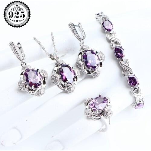 Bridal Jewelry Sets For Women Wedding Silver 925 Jewelry Purple Zirconia Earrings Bracelets Pendant Ring Necklace Set Gift Box