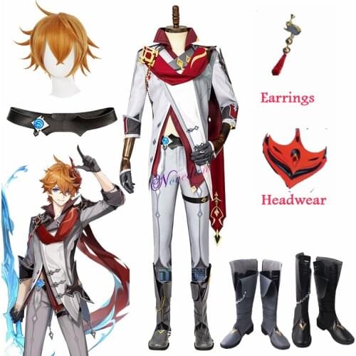 Genshin Impact Childe Tartaglia Cosplay Costume Wig Shoes Earrings Game Suit Anime Costume Halloween Party Outfit Men