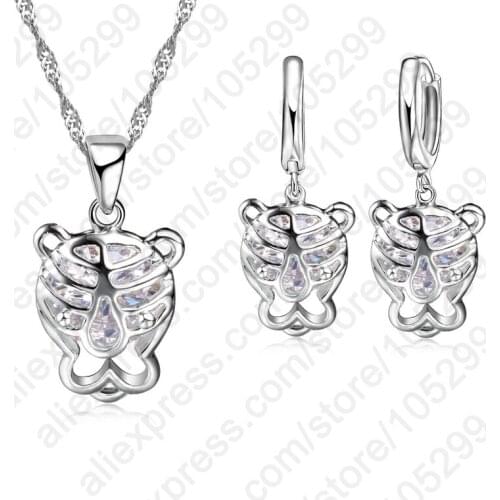 Hot Sale 925 Sterling Silver Jewelry Lovely Tiger Head Shape Pendant Hollow Out Necklaces Drop Earring Woman Wedding Sets