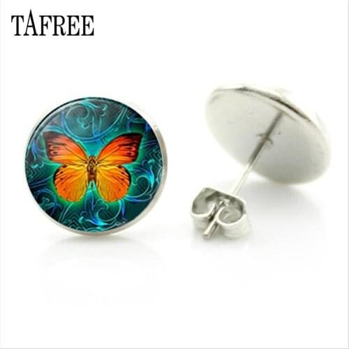 TAFREE Fashion Simple Style Earings Beautiful Butterfly Picture Stud Earrings Glass Cabochon Jewelry Women Gifts C561