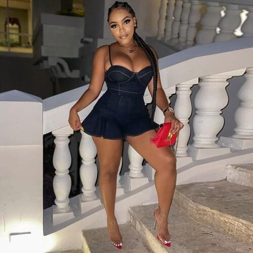 Breast Wrap Spaghetti Strap Denim Playsuits for Women Summer Low Neck Sleeveless Ruffles Romper Vintage Black Beachwear Outfit