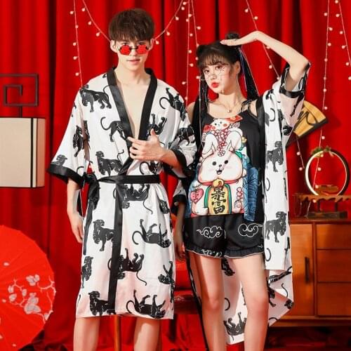 Men Women Japanese Traditional Kimono Yukata Summer New Animal Print Bathrobe Homewear Couple Casual Loose Sleepwear Plus Size