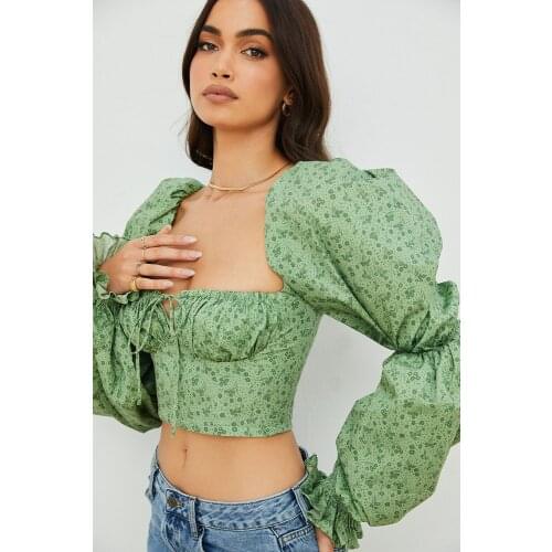 2021 New Shirt Floral Square Collar Top Puff Sleeve Slim Fit Spring and Autumn off-Shoulder Short French Style Small Shirt