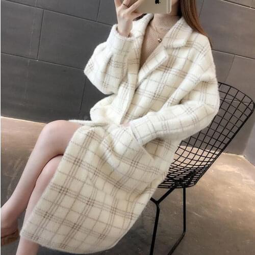 New Korean Sweater Coat Autumn Winter Womens Plaid Jacket Loose Long Knitted Cardigan Suit Collar Outerwear Long Overcoat f1676