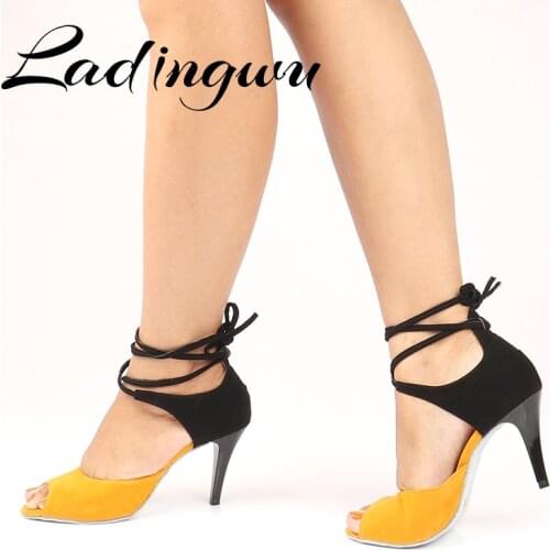 Ladingwu Latin Dance Shoes Beige Yellow Suede Salsa Dance Shoes Indoor Sports Dance Shoes Professional Dance Shoes Metal Heel 8c