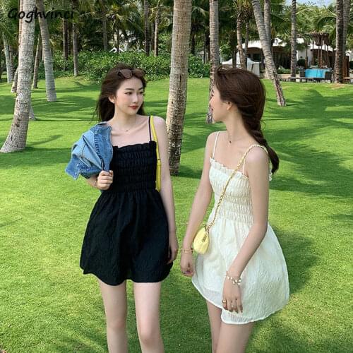 Sleeveless Dress Women Shirring Mini Summer Sexy Korean Style Pure Color Ladies A-line Design Fashion Simple Holiday Sundress
