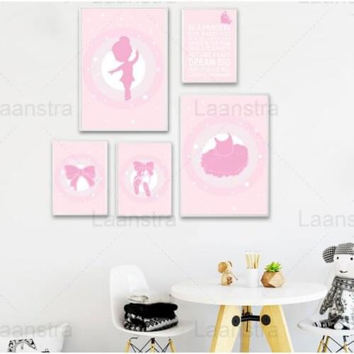 Pink Cartoon Girl Ballet Poster Baby Bedroom Nursery Decoration Canvas Art Painting Wall Picture Bow "Be A Princess" Quotes Prin