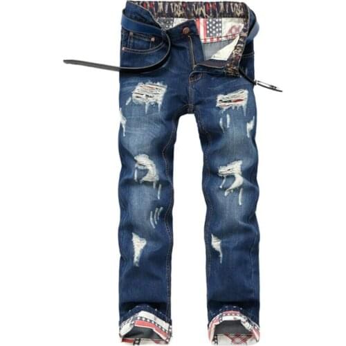 EL BARCO Skull Print Ripped Hole Cotton Blue Jeans Autumn Hip Hop Streetwear Denim Men Pants Soft Straight Patches Male Trousers