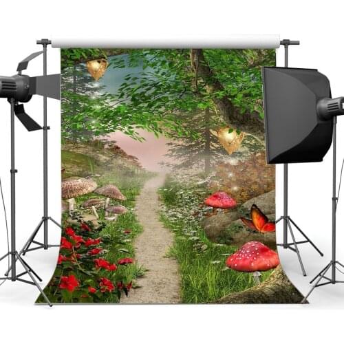 Fairytale Backdrop Jungle Forest Mushroom Backdrops Dreamy Red Flowers Green Grass Meadow Path Fantasy Background
