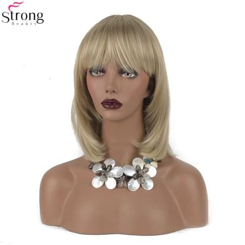 StrongBeauty Womens Synthetic Wigs Hair Blonde/Black Medium Straight Hair Neat Bang Style Natura Wig Capless