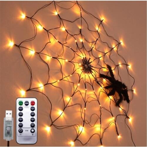 USB/Battery Operated 70LED Halloween Spider Web Lights Spider Web Wall Net Lights For Scary Halloween Decoration Garland