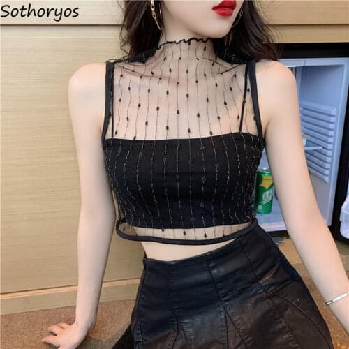 Camis Women Mesh Spaghetti-strap Sexy Backless Club-wear Stylish Body-con Crop-top Ladies Breathable Street-wear Camisole Chic