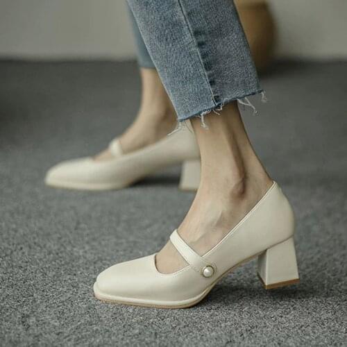 New Fashion Women Square Toe Mary Janes Shoes Square Heel Dress Shoes Pearl Buckle Pumps High Heels Office Shoe
