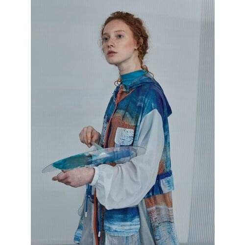 Spring Original Design Women Elegant Windbreaker Streetwear Casual Loose Novelty Print Hooded Nylon Long Trench Coats