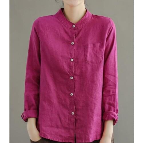 Vintage Shirts Women Spring Solid Color Loose Linen Stand Collar Full Sleeve Pocket Female Retro Tees Wild