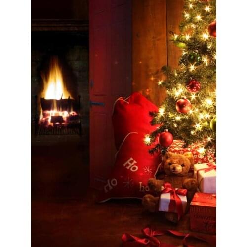 VinylBDS 5X7FT Children Photography Backdrops Christmas Christmas Tree Bear Fire Studio Backdrop