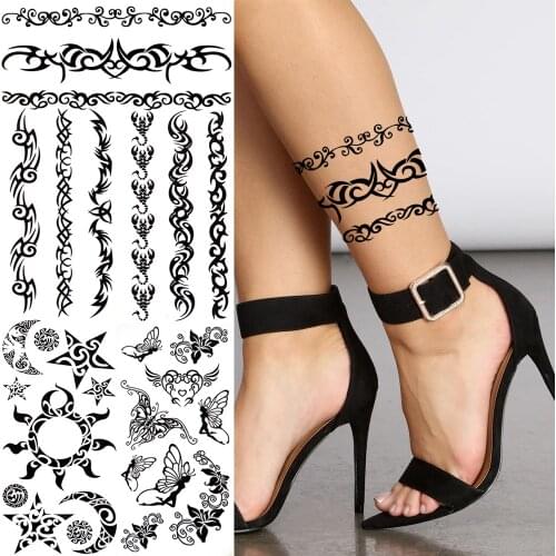 Black Thorns Vine Temporary Tattoos For Women Kids Indian Tribe Realistic Sun Moon Elf Fake Tattoo Sticker Water Transfer Tatoos