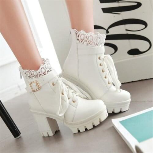 Winter New pattern High-heeled Coarse heel Martin boots Frenulum Waterproof Thick bottom Large code white Women Boots 34-43