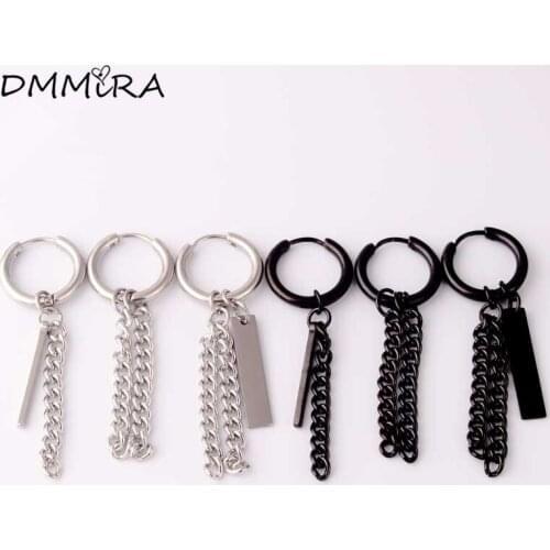 Hot Sale Fashion Women Hoop Color Black Stainless Steel Circle One Word Square Double Chain Charms Huggie Earrings Jewelry