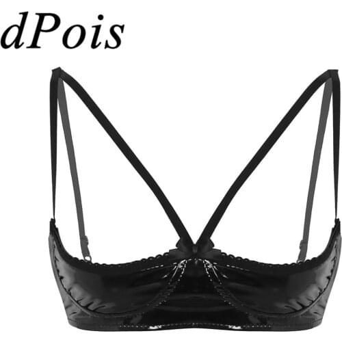 DPOIS Women Leather Bra Ladies Latex Underwear Adjustable Lingerie Open Cup Nipple Triangle Bralette Wire-free Unlined Bras Top