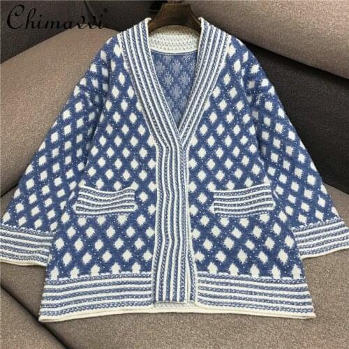 High Quality French Luxury Vintage Sweater Cardigan Womens 2021 Autumn Fashion Heavy Beads Coat Long-sleeve Knitted Tops