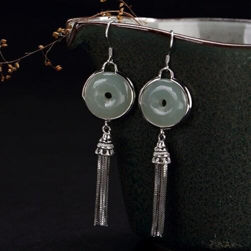 2018 Limited Sale Restoring Ancient Ways Is Hetian Jade Inlay Peace Buckle Tassel Female High-grade Pendant Earrings Wholesale