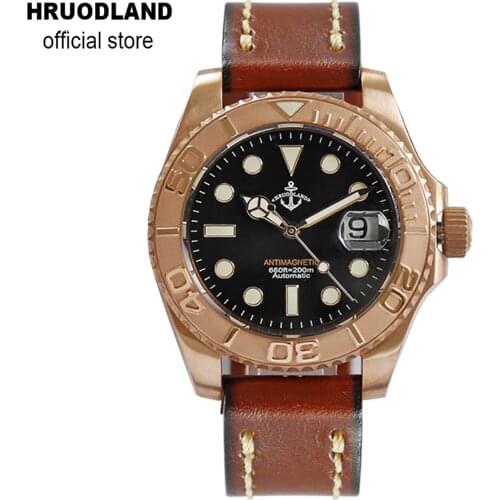 Hruodland Luxury Bronze Men Watches 200m Waterproof Sapphire Crystal Leather Strap Classic Automatic Mechanical Watch for Male