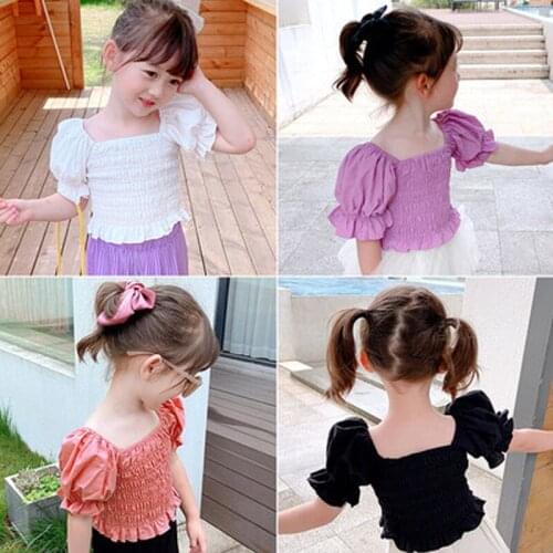 2021 Girl Child Short Sleeve T-shirt Summer New Korean Version Sweet Bubble Sleeve Trend Wind Pleated Top
