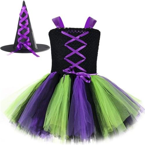 Kids Witch Halloween Costumes Baby Girls Tutu Dress with Hat Children Cosplay Dresses Witches Tulle Outfit Toddler Clothes 1-14Y