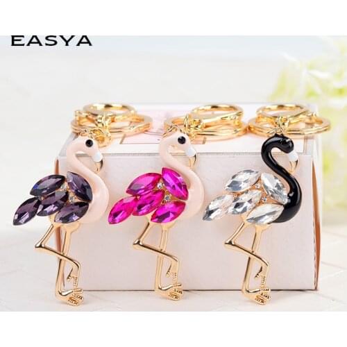 EASYA 2 Styles Rhinestone Crystal Flamingos Keychain Cute Enamel Animal Birds Key Chain Handbag Pendant Car Llaveros