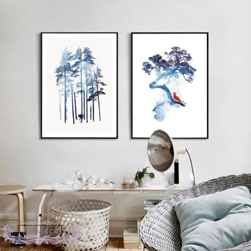Chinese Style Forest Scenery Canvas Painting Blue Pine Tree Red Fox Poster Decorative Wall Art Picture for Living Room Study