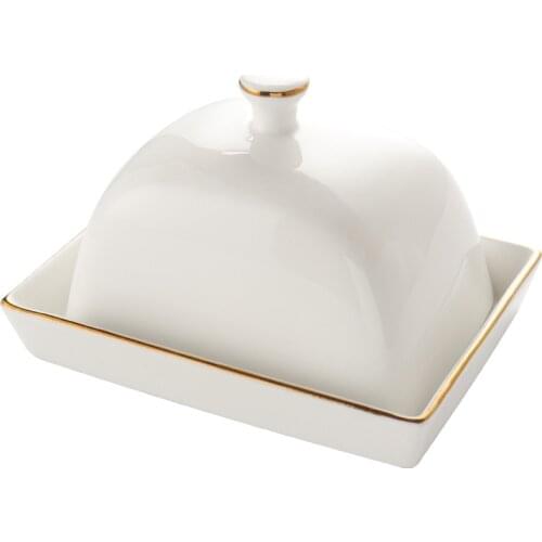 Quail 6 Inch Butter Sealing Tank,Ceramic,White,with Lid,Cheese Server Storage Keeper Tray Cheese Dish,golden Trim