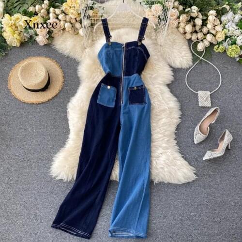 Summer Womens Denim Stitching Fashion Jumpsuit Zipper Sleeveless Jumpsuit Suspenders Jeans Women Loose Trousers