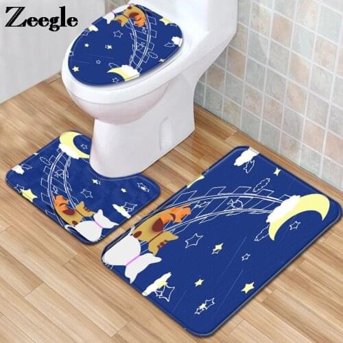 Landscape Printing Bath Mat Bathroom Memory Foam Toilet Mat Set Anti-slip Foot Rug Carpet and Waterproof Toilet Seat Cover