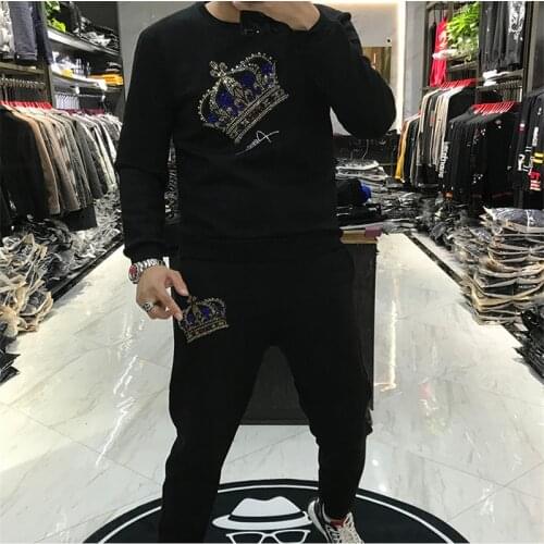 Best selling mens crown high quality hooded sportswear cotton sportswear sweatshirt hot drilling mens sportswear jogger 2-piec
