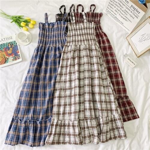 Sweet Women Suspender Mid Calf Plaid Dress Fresh Super Cute Women Dress Summer Women Fashion One Piece Girls Spaghetti Strap
