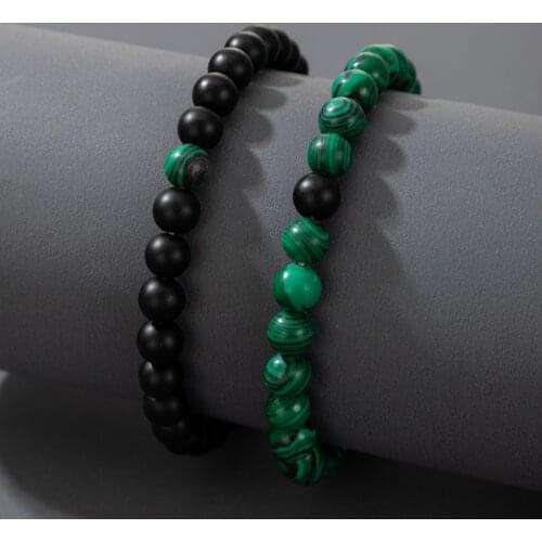 Docona 2pcs/set Fashion Malachite Green Frosted Beaded Couples Bracelet Set for Women Men Adjustable Wedding Statement Jewelry