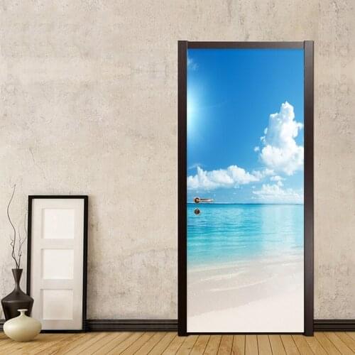 Blue Sky And White Clouds Landscape Door Sticker 3D Simple Home Decor Wallpaper Wall Mural Living Room Door Decals Stickers 3 D