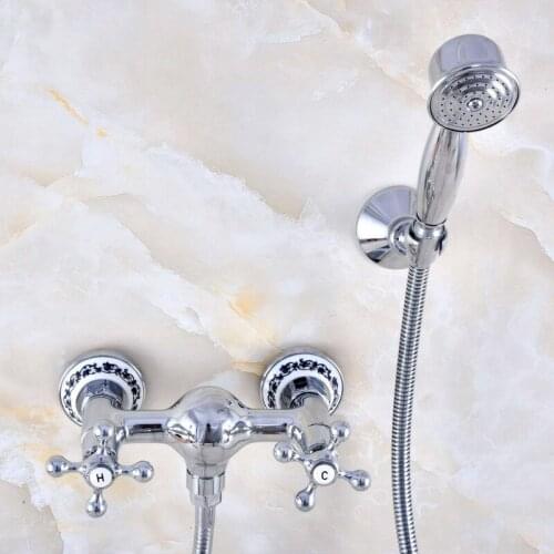 Wall Mount Polished Chrome Brass Bathroom Two Cross Handles Hand Shower Faucet Mixer Tap Set Telephone Shape Hand Spray ana771