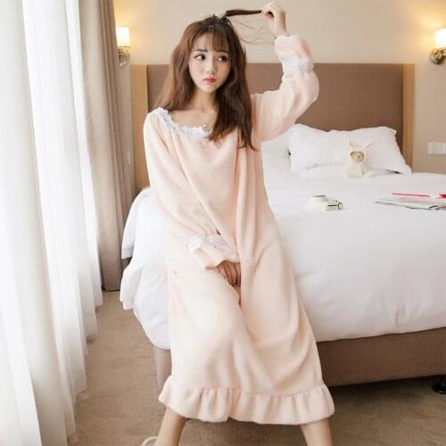 Sweet Girls Sleepwear Women Nightgown Comfy Sleep Dress Soft Flannel Sleep Shirt Long Sleeve O-Neck Night Dress Sleep Lounge