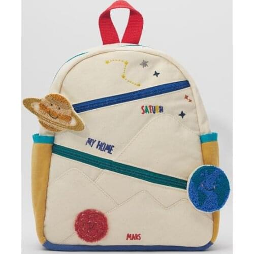 New childrens stitching cotton canvas earth star ball embroidery backpack cute girl color matching casual small school bag