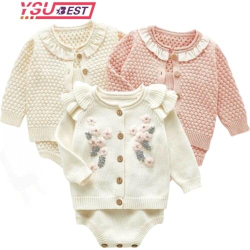 Autumn Embroidery Flowers Set Fashion Baby Girls Clothes Long Sleeve Knit Sweater+Shorts Sets Children Baby Clohting Knit Set
