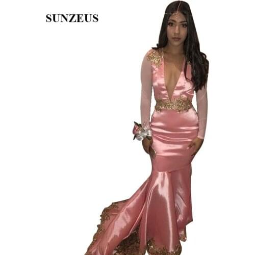Pink And Gold Prom Dress 2019 Mermaid V-neck Long Sleeves Party Gowns With Appliques Girls Evening Formal Wear