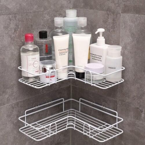 Bathroom Kitchen Punch Corner Frame Shower Wall Shelf Wrought Iron Storage Rack Holder with Suction Cup Bathroom Accessories