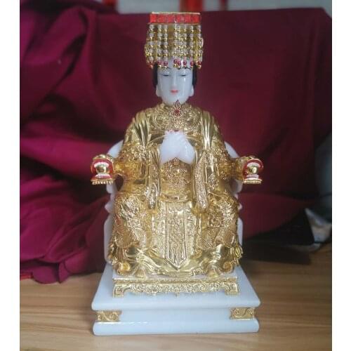HIGH-GRADE HOME TALISMAN MASCOT GODDESS OF SEA MATSU GOLD MAZU GUANYIN BUDDHA JADE SCULPTURE STATUE 28CM