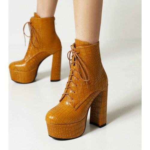 Lady Stone Pattern Women Shoes Autumn Winter Cross Tied Platform Ankle Boots Female Fashion Square High Heel Zipper Short Boots